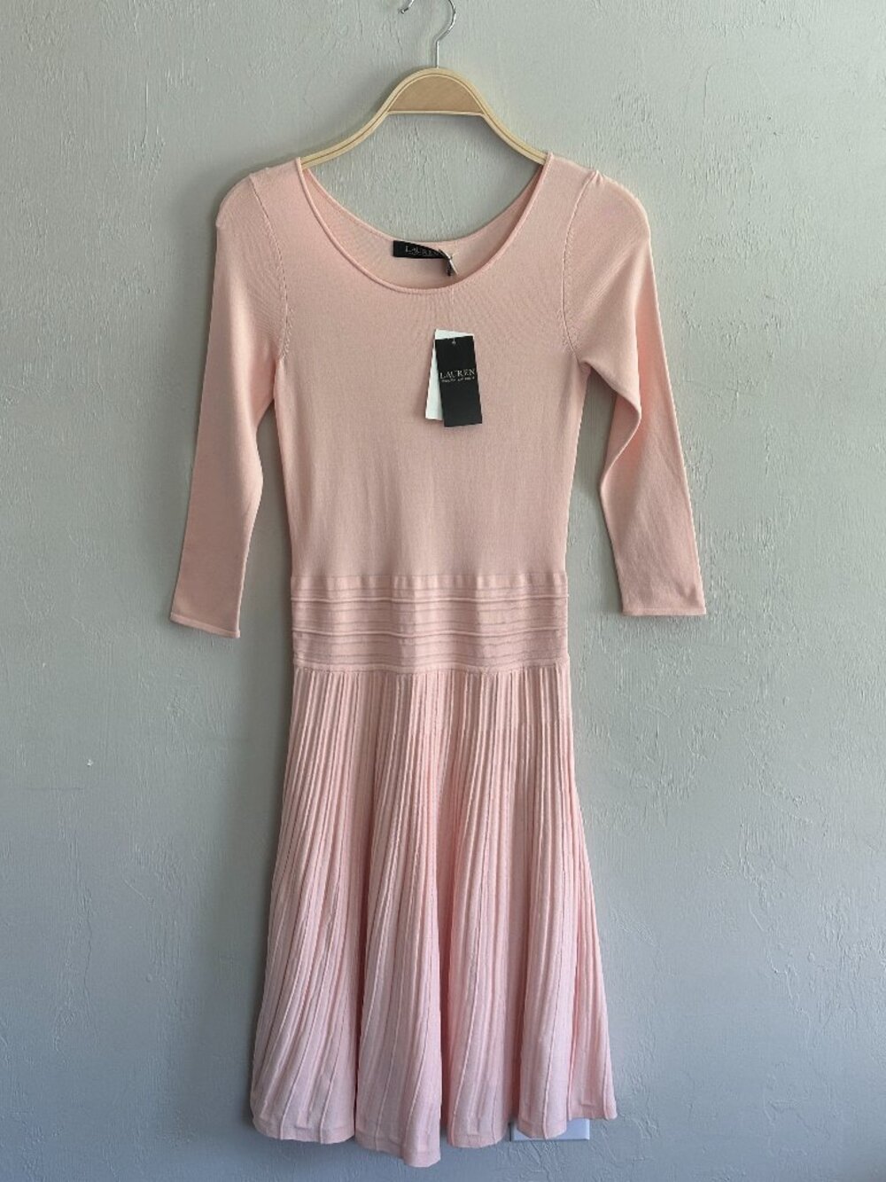 NWT Ralph Lauren XS Pink Jersey Pleated Preppy Dress 3/4 Sleeves Knee Length